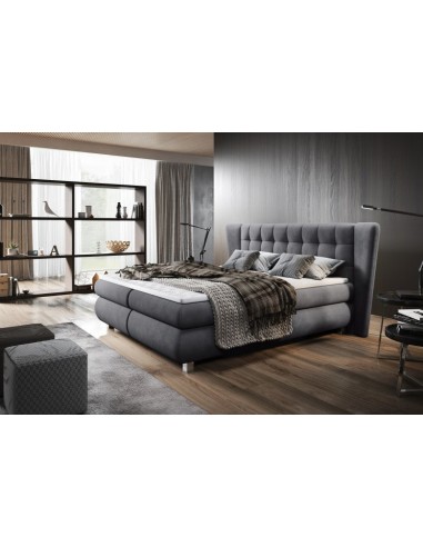 Lit recouvert de tissu Florentino Boxspring Gris, surmatelas inclus, 200 x 180 cm En savoir plus