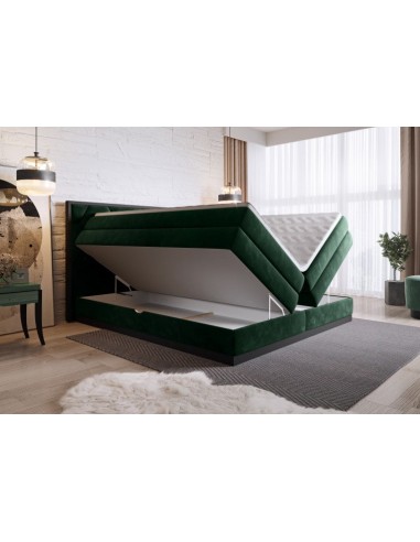 Lit avec coffre de rangement, rembourré en tissu Galia Boxspring Vert foncé, surmatelas inclus, 200 x 160 cm les ctes