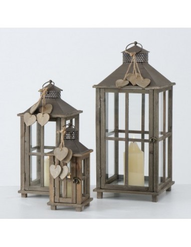 Lot de 3 lanternes décoratives en bois Polly Brun, L29xl29xH68 cm / L22xl22xH50 cm / L15xl15xH34 cm en stock