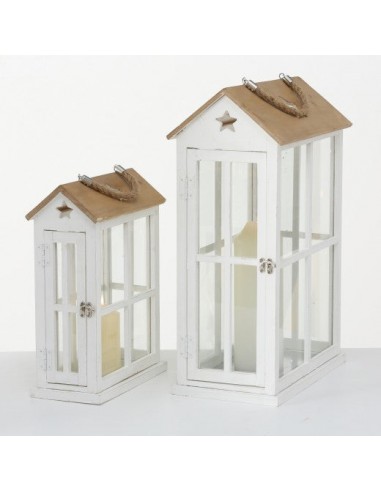 Lot de 2 lanternes décoratives en bois Casa Blanc / Naturel, L21xl21xH55 cm / L14xl14xH38 cm des créatures d'habitude