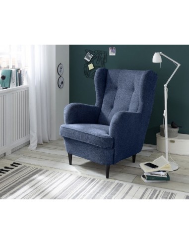 Fauteuil fixe rembourré avec tissu et pieds en bois, Oskard Bleu, l78xA98xH102 cm à prix réduit toute l'année