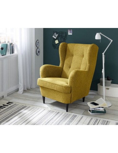 Fauteuil fixe rembourré avec tissu et pieds en bois, Oskard Mustariu, l78xA98xH102 cm basket pas cher