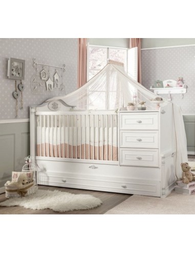 Lit bébé convertible avec tiroir à palette, pour bébé Romantic Baby Blanc-180 x 80 cm JUSQU'A -70%! 