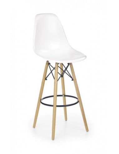 Tabouret de bar en plastique avec pieds en bois H-51 Blanc / Hêtre, l54xA46xH115 cm destockage