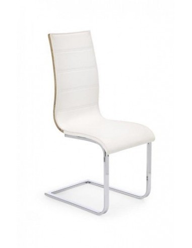 Chaise rembourrée en éco-cuir, avec pieds en métal K104 Blanc / Chêne Sonoma, l42xA56xH99 cm outlet