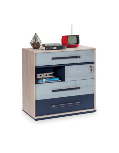 Commode à 4 tiroirs pour jeunes, garçons 12-24 ans, Trio Natur / Bleu, l80xA46xH83 cm Les êtres humains sont 