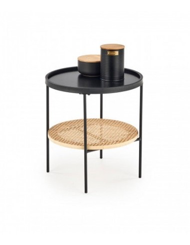 Table basse en MDF, rotin et métal Kampa Natural / Noir, Ø45xH45 cm Véritable concentré