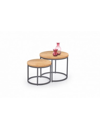 Set de 2 tables basses en MDF et métal Chêne Oreo / Noir, Ø53xH45 / Ø43xH35 cm destockage