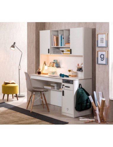 Table de bureau en palette, avec 3 tiroirs et 1 porte pour les jeunes Blanc Large, L138xl58xH75 cm ou a consommer sur place