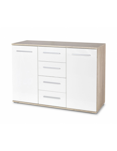 Commode, avec 4 tiroirs et 2 portes Lima KM-4 Blanc / Chêne, l116xA40xH82 cm Comment ça marche