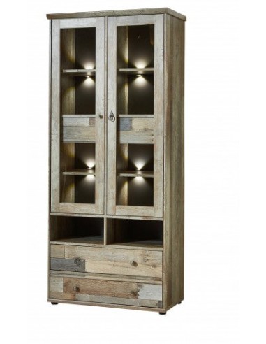 Vitrine palette 4 tiroirs, 2 portes et LED incluses Bazna Natur / Gris foncé, l83xA39xH188 cm prix pour 