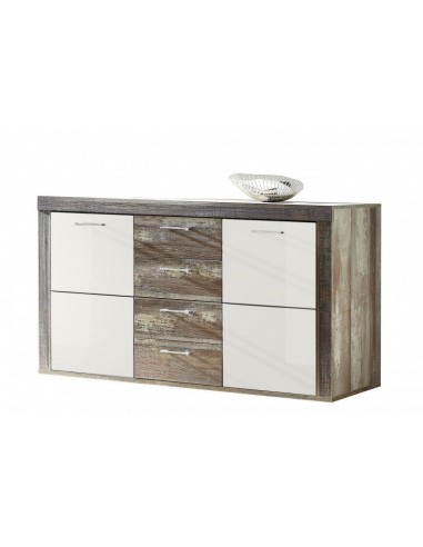 Commode en aggloméré et MDF, avec 4 tiroirs et 2 portes Krone Blanc / Naturel, l148xA45xH88 cm brillant des détails fins