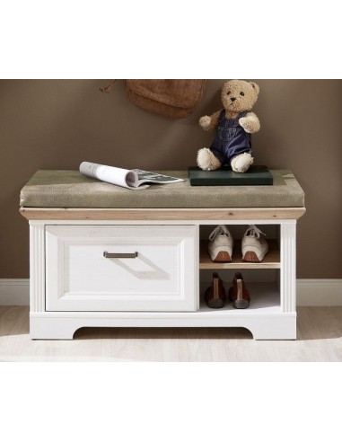 Banc en MDF, tapissé de tissu et 1 tiroir, Jessie Beige clair, l93xA41xH49 cm Fin de série