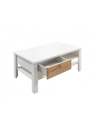 Table basse avec 2 tiroirs, en bois et MDF Selina Blanc / Naturel, L110xl65xH45 cm hantent personnes