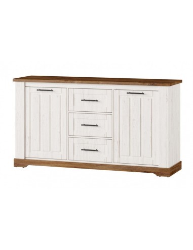 Commode, avec 3 tiroirs et 2 portes Country 45 Blanc / Chêne, l163xA45xH89 cm solde