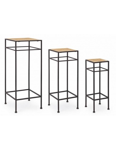 Lot de 3 tables téléphoniques métal et rotin Elyot Square Naturel / Noir, L28xl28xH70 cm / L23xl23xH60 cm / L18xl18xH50 cm prix