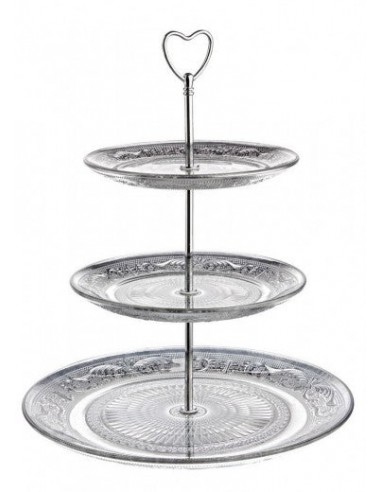 Présentoir à gâteaux en verre et métal, sur 3 niveaux d'argent Cake, Ø29 / Ø20 / Ø18 cm ou a consommer sur place