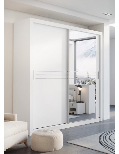 Armoire en bois clair avec 2 portes coulissantes et miroir Idea 12, Blanc Mat, L203xP60xH215 cm acheter en ligne